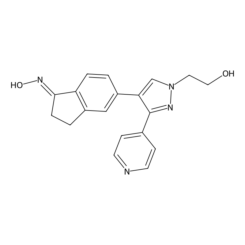 (E)-5-(1-(2-hydroxyethyl)-3-(pyridin-4-yl)-1H-pyrazol-4-yl)-2,3-dihydro-1H-inden-1-one oxime